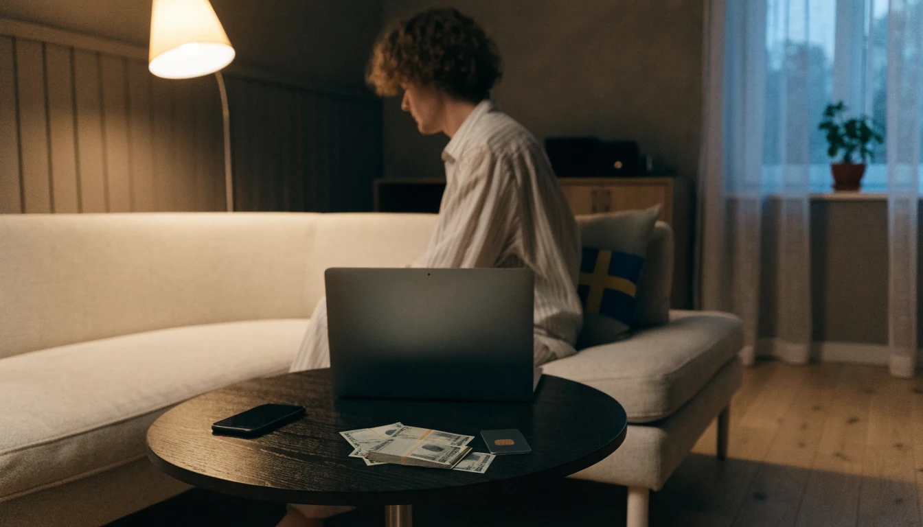 Svensk vardagsrum med stängd laptop och kronor sedlar