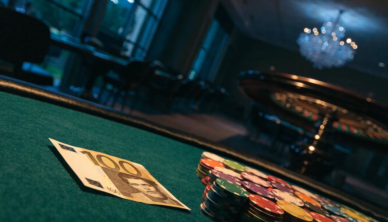 Modern svenskt casino med 100 euro sedel och casinofoton på bordet
