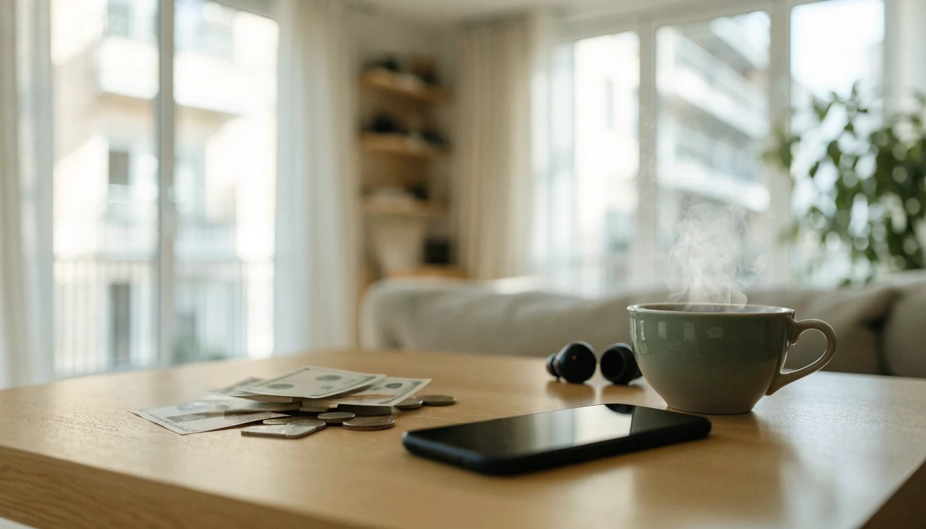 Smartphone med svenska kronor och kaffe på soffbordet i modern svensk lägenhet