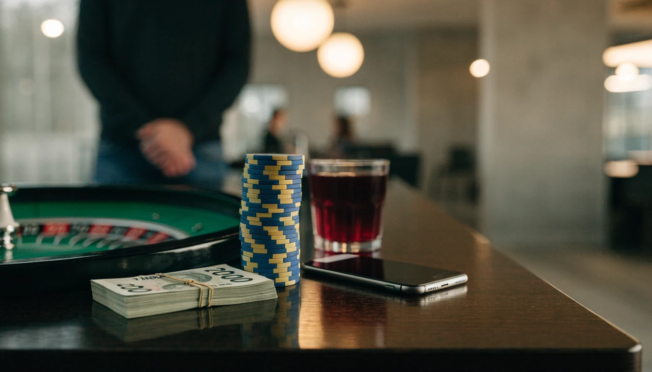 Svensk casinolounge med roulettebord, 200-kronorssedlar och casinomarker i blått och gult.