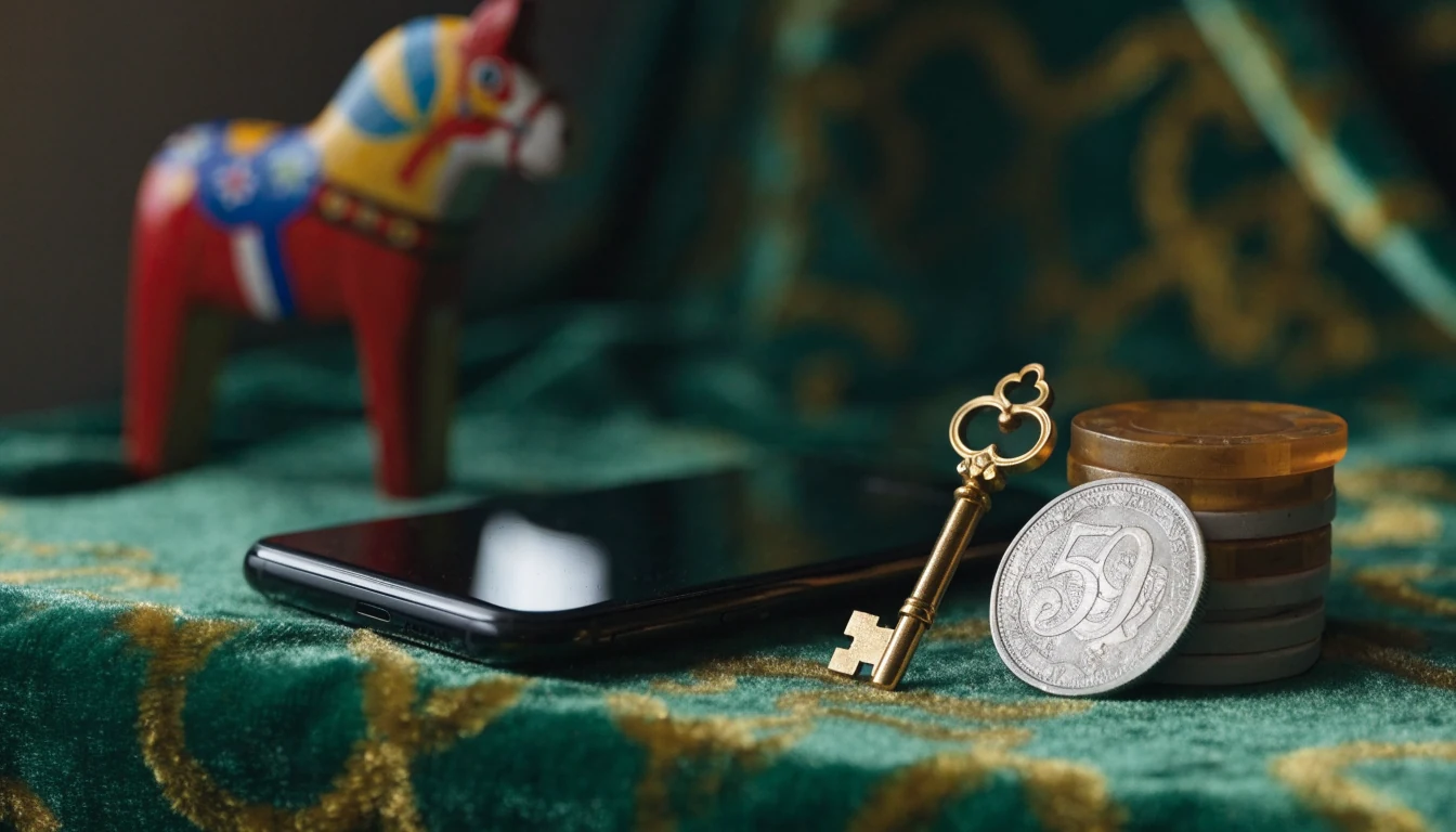 Svensk 50-kronors mynt, casinofigurer och en vänd smartphone på grön bakgrund