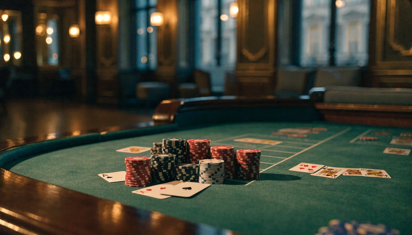 Elegant blackjack-bord med marker och kort i lyxkasinomiljö
