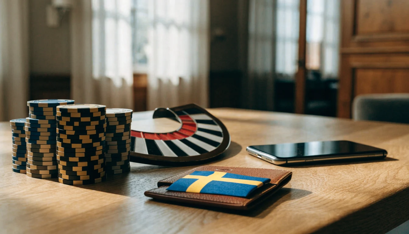 Svensk licensierat casino med jetonger, roulette och svensk flagga