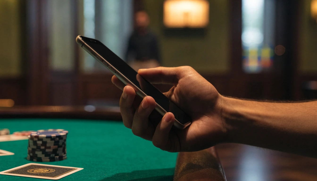 Hand håller smartphone över grönt casinobord med marker och kort, svensk lyxig miljö