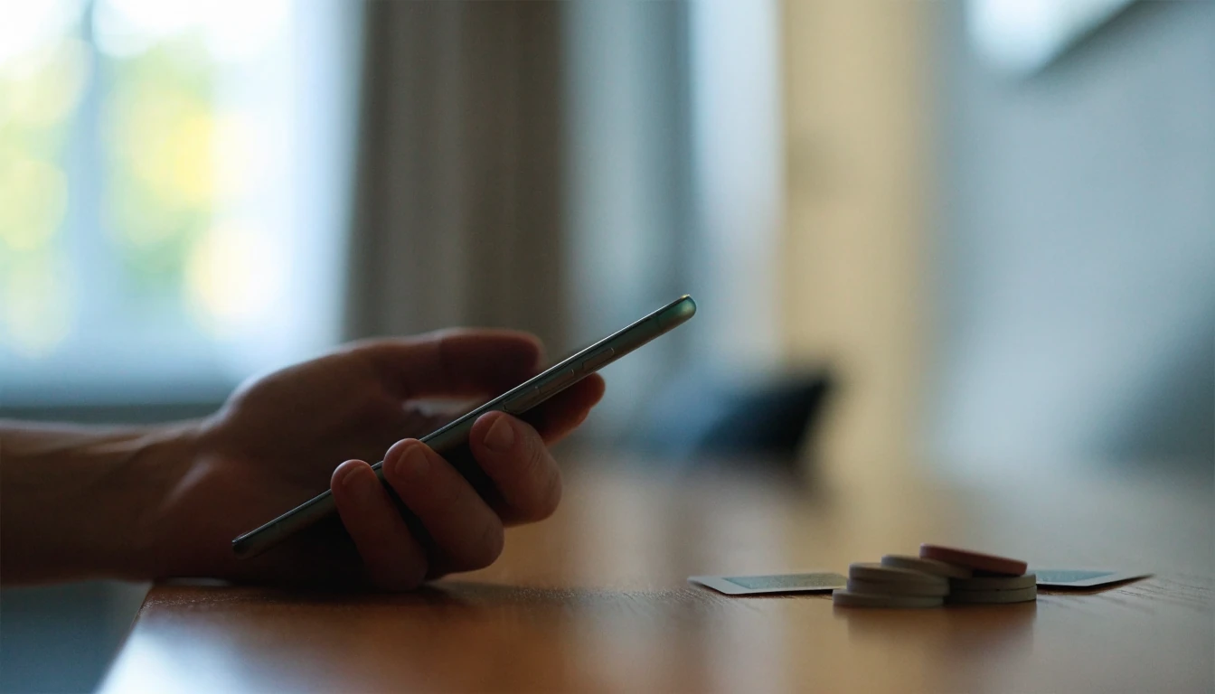 Hand håller mobiltelefon nära casinofp marker och ett spelkort på träbord
