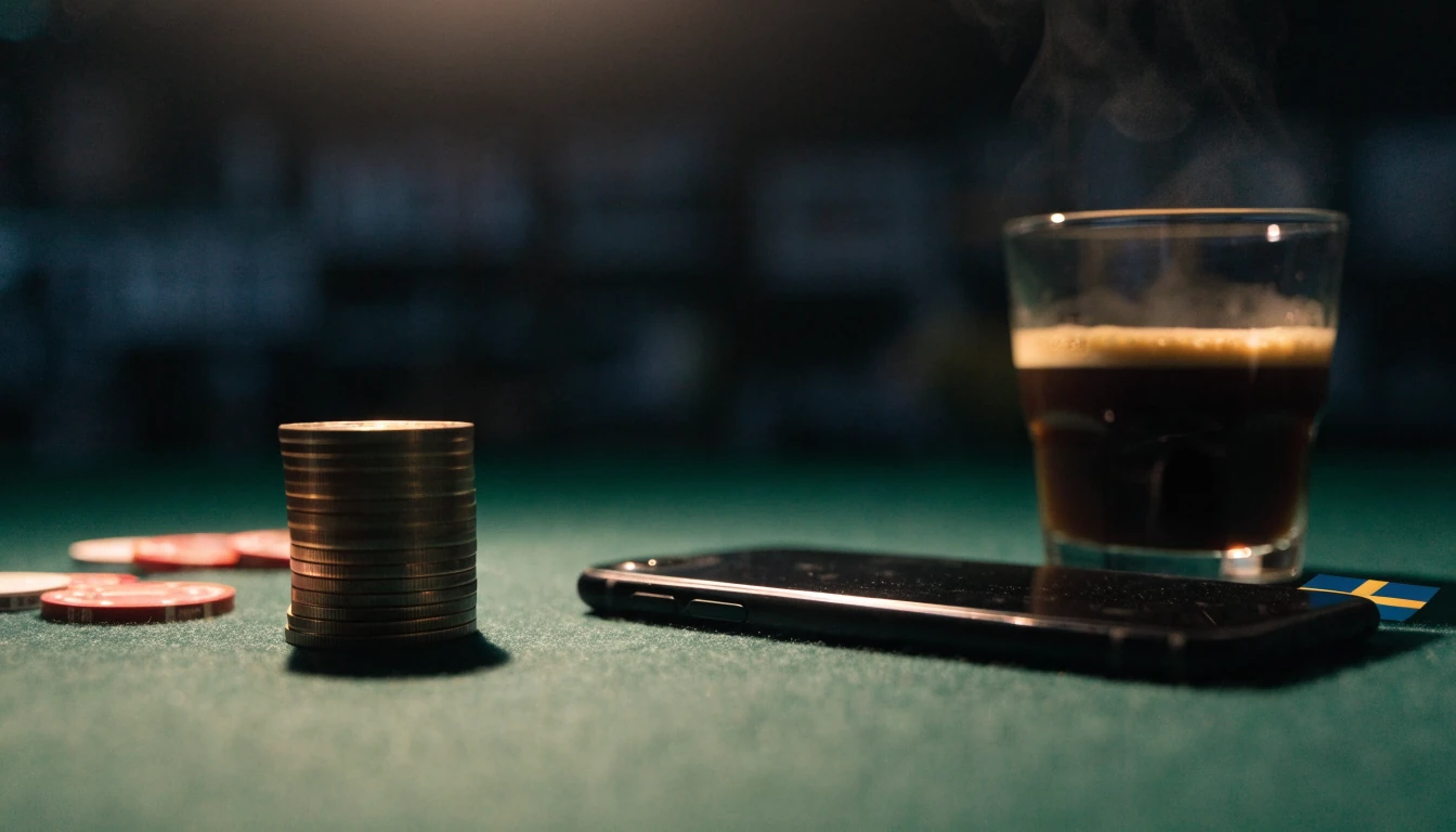 Casinomarker och guldmynt på filtbord med svensk flagga