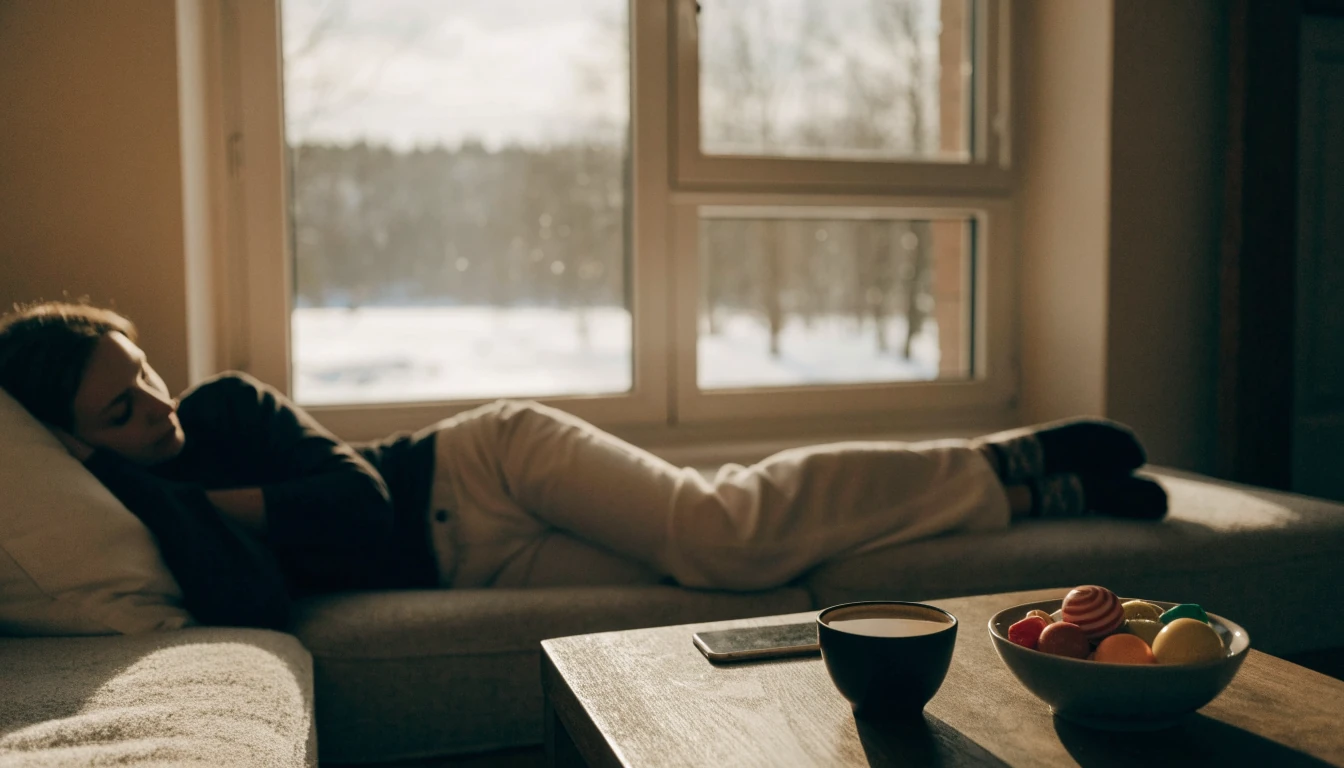 Avslappnad stund med telefon, kaffe och godis i ett mysigt svenskt hem
