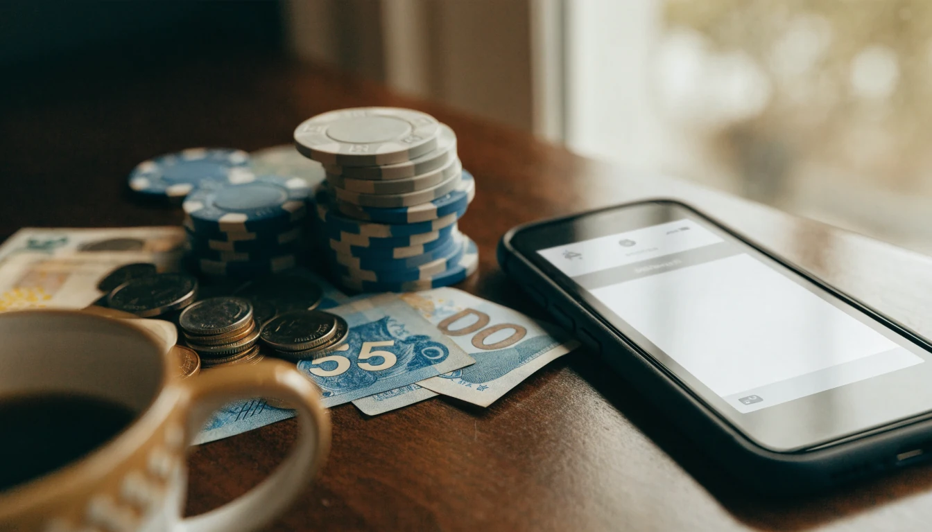Bord med telefon, casinofigurer och svenska kronor