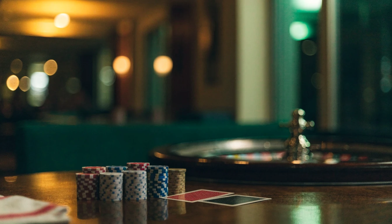 Elegant casinobord med marker, roulette och kort i varm belysning