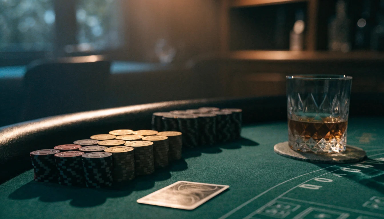 Elegant baccaratbord med marker och ett ansikte nedåt-kort i lyxig casinomiljö