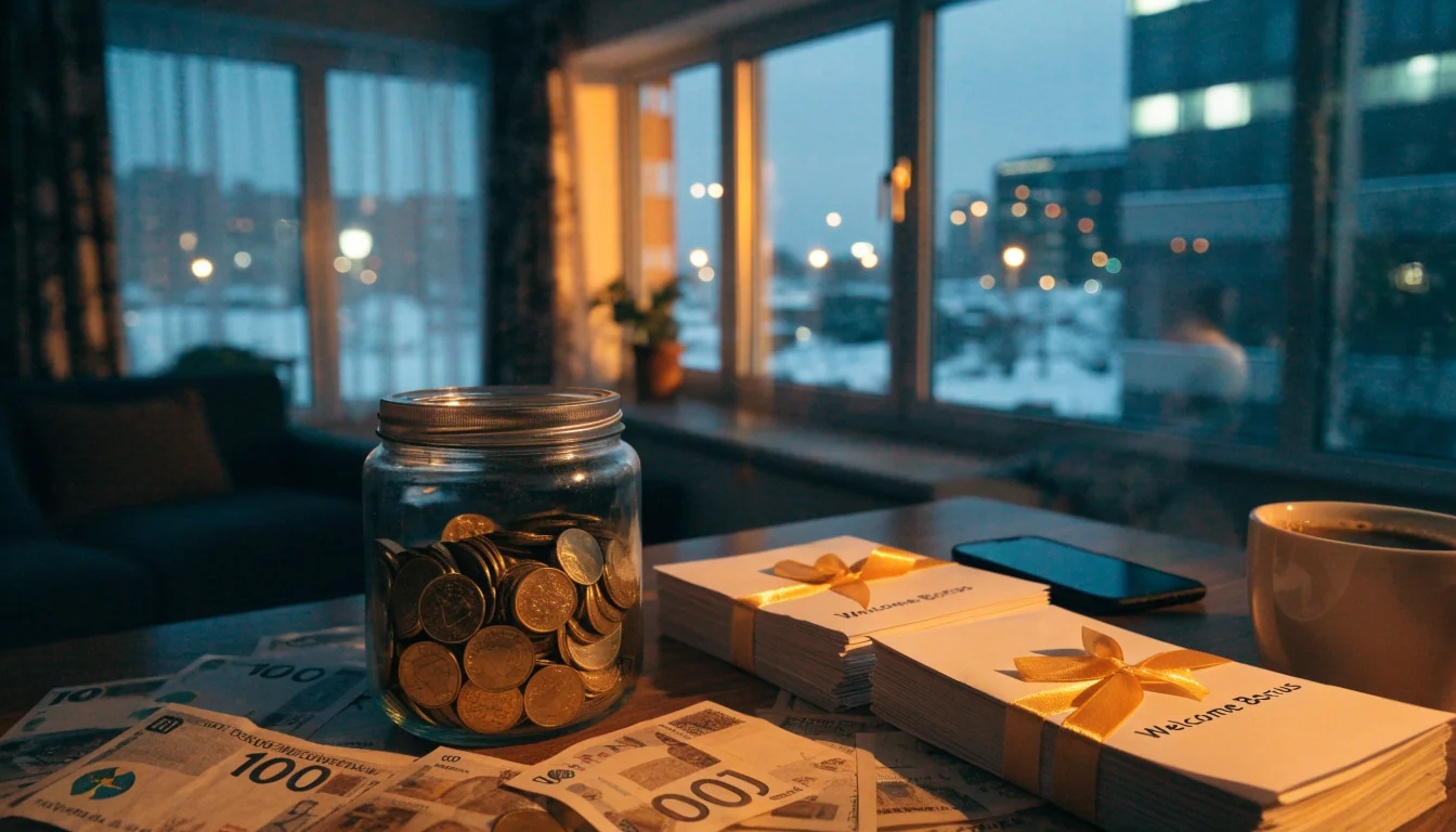 Guldmynt och svenska kronor i en burk bredvid en smartphone på ett bord