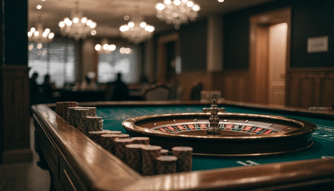 Elegant casinointeriör med roulettebord och marker i varm belysning