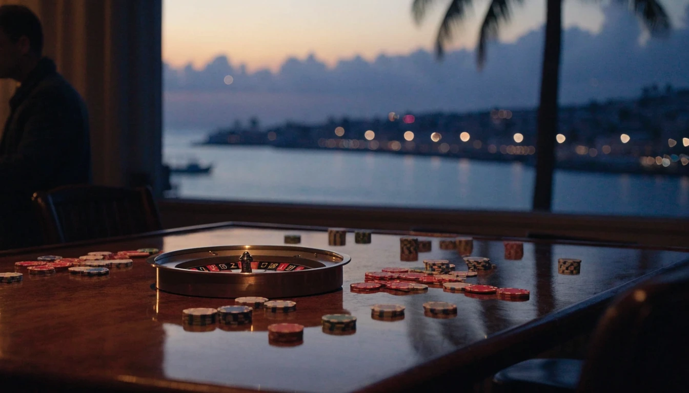 Casinomiljö med roulette och marker mot hamnen i Curaçao