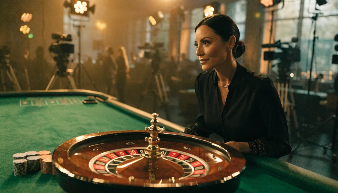 Professionell live dealer vid ett elegant casinobord med roulettehjul och marker