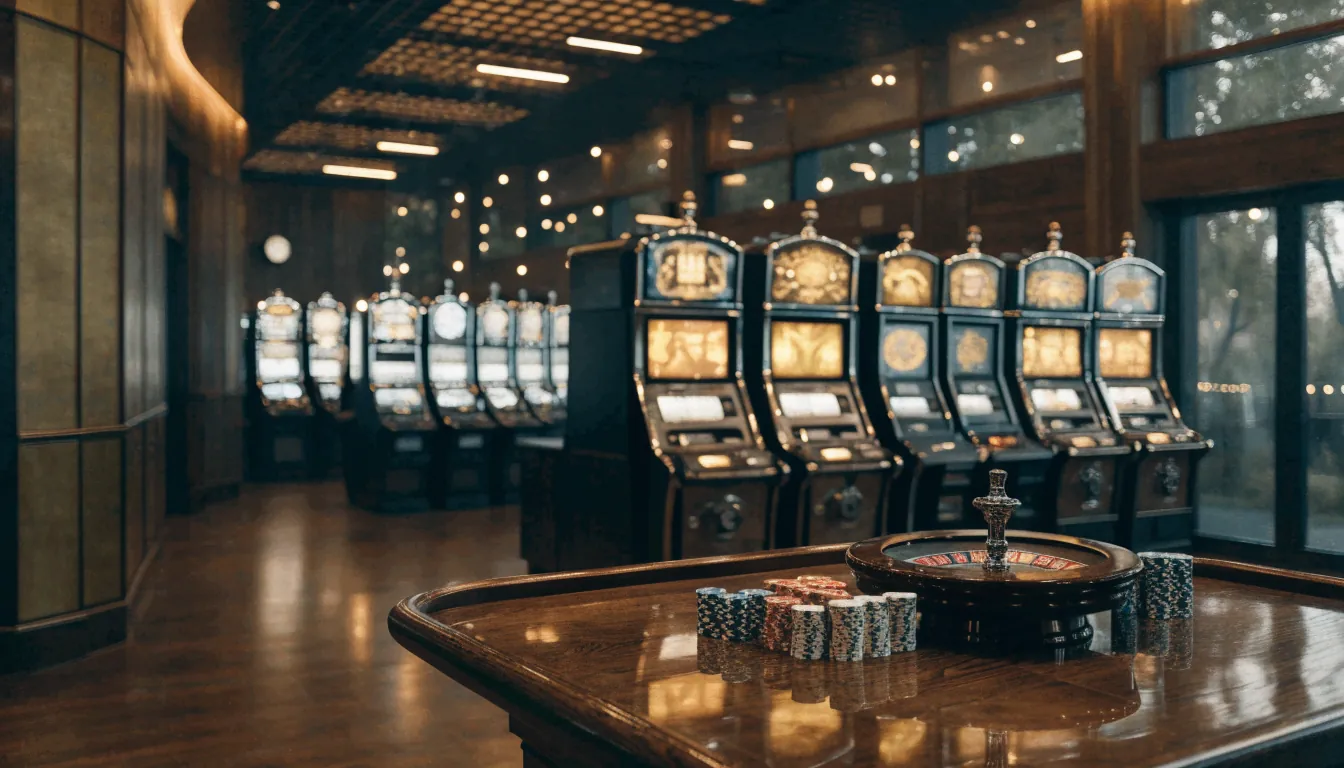 Elegant svensk casinomiljö med fysiska spelautomater och roulettebord