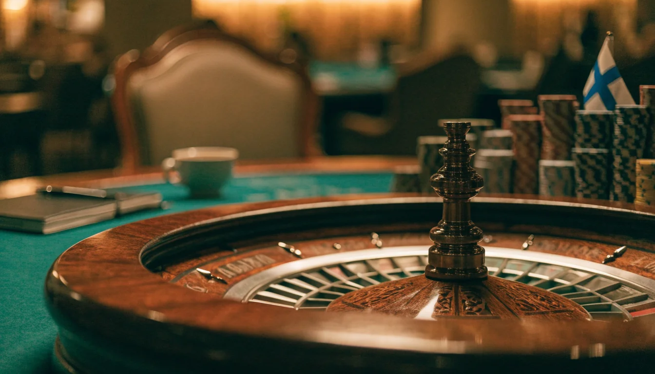 Elegant casinobord med roulettehjul och marker i varm belysning