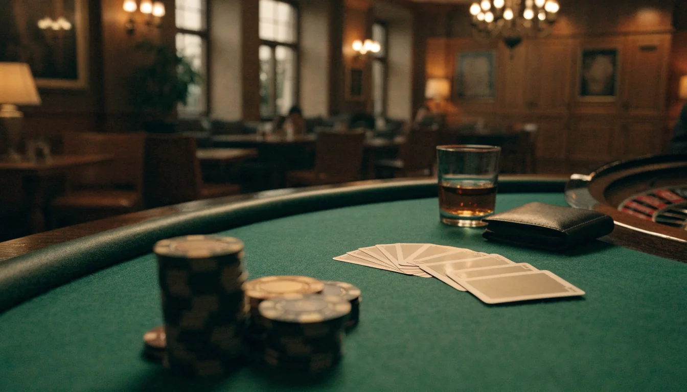 Stilfull casinomiljö i Stockholm med marker och kort på bordet