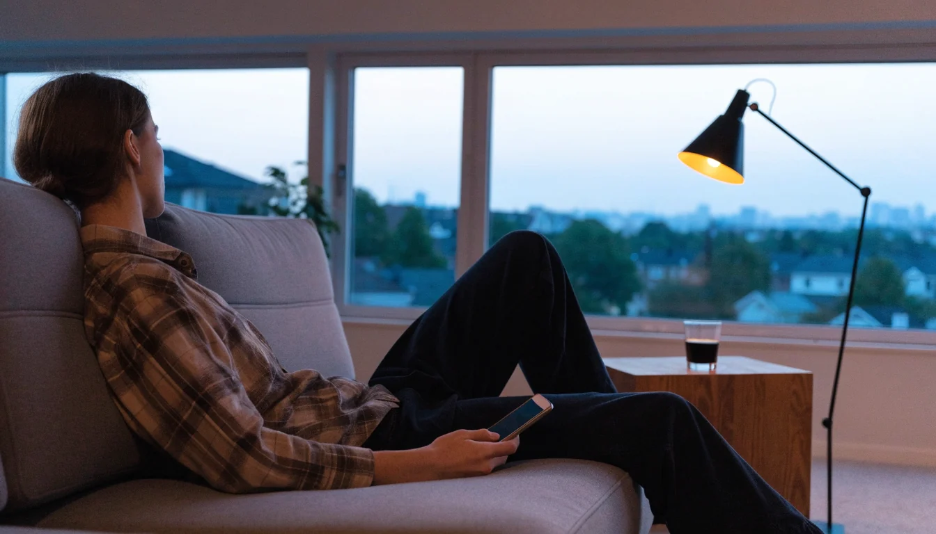 Svensk person i vardagsrum med mobiltelefon, kvällsstämning
