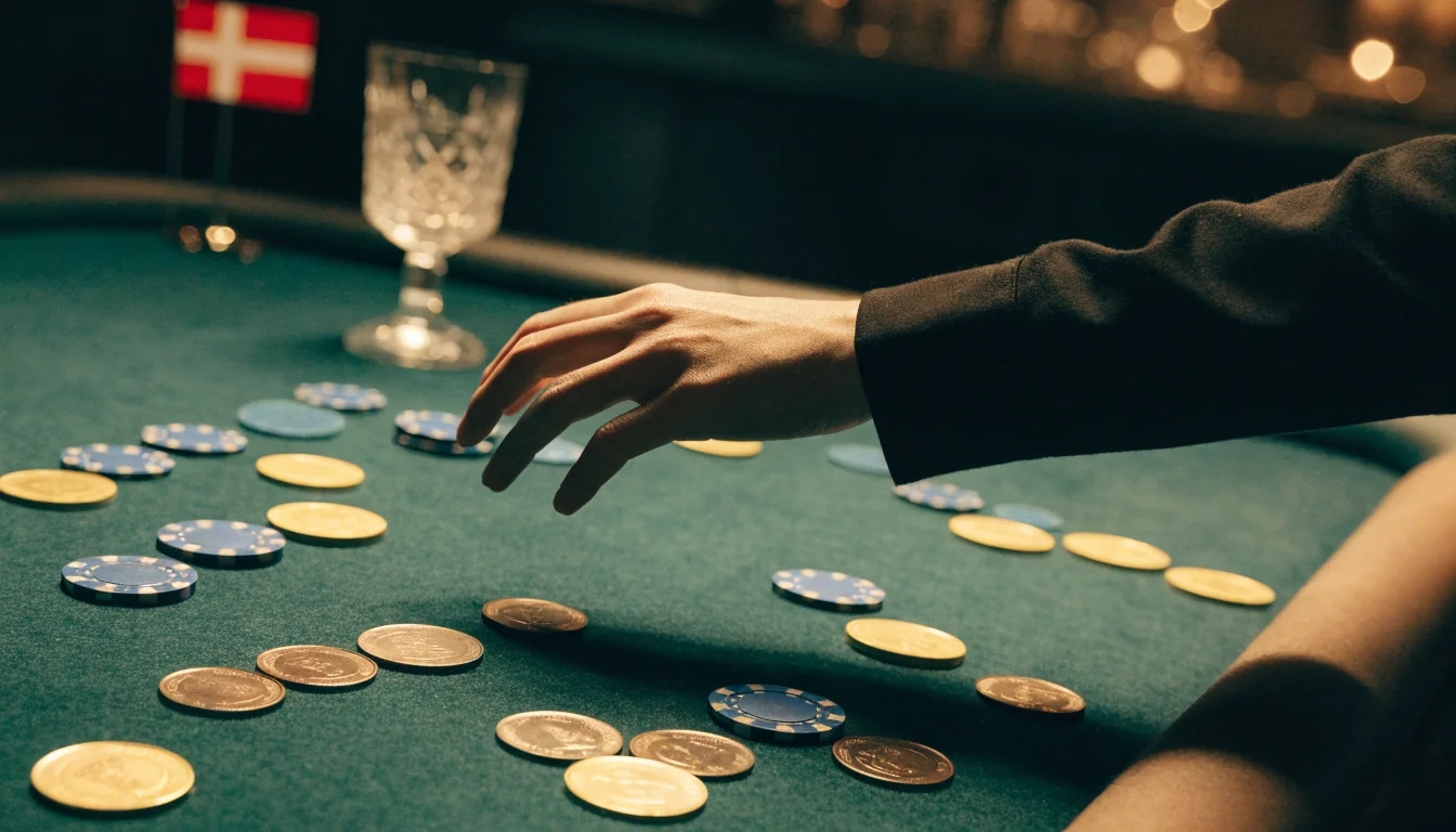 Elegant casinobord med färgglada marker och svenska kronor i varm belysning