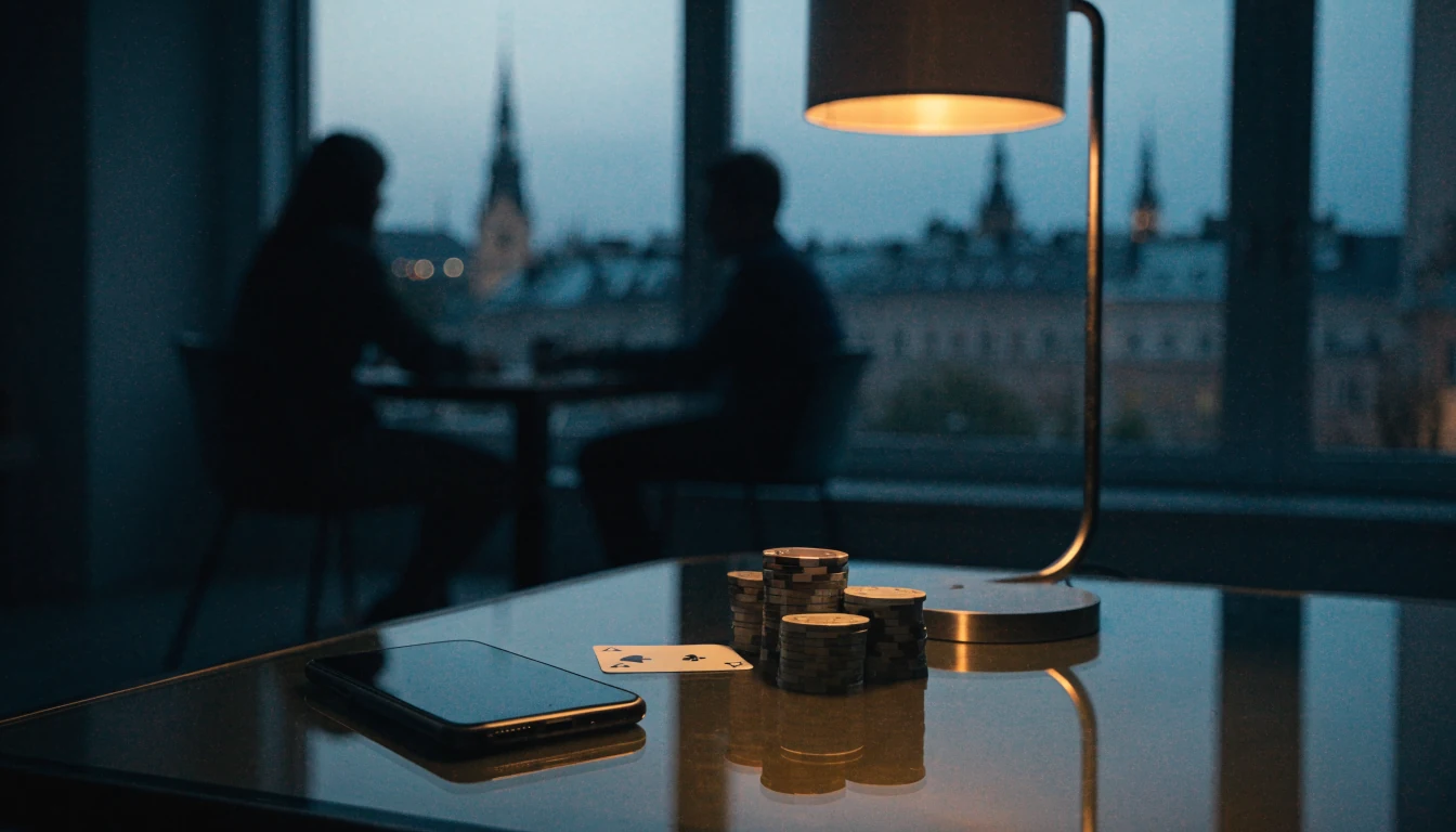 Mörklagt vardagsrum med telefon, pokermarker och ett ess i rött sken