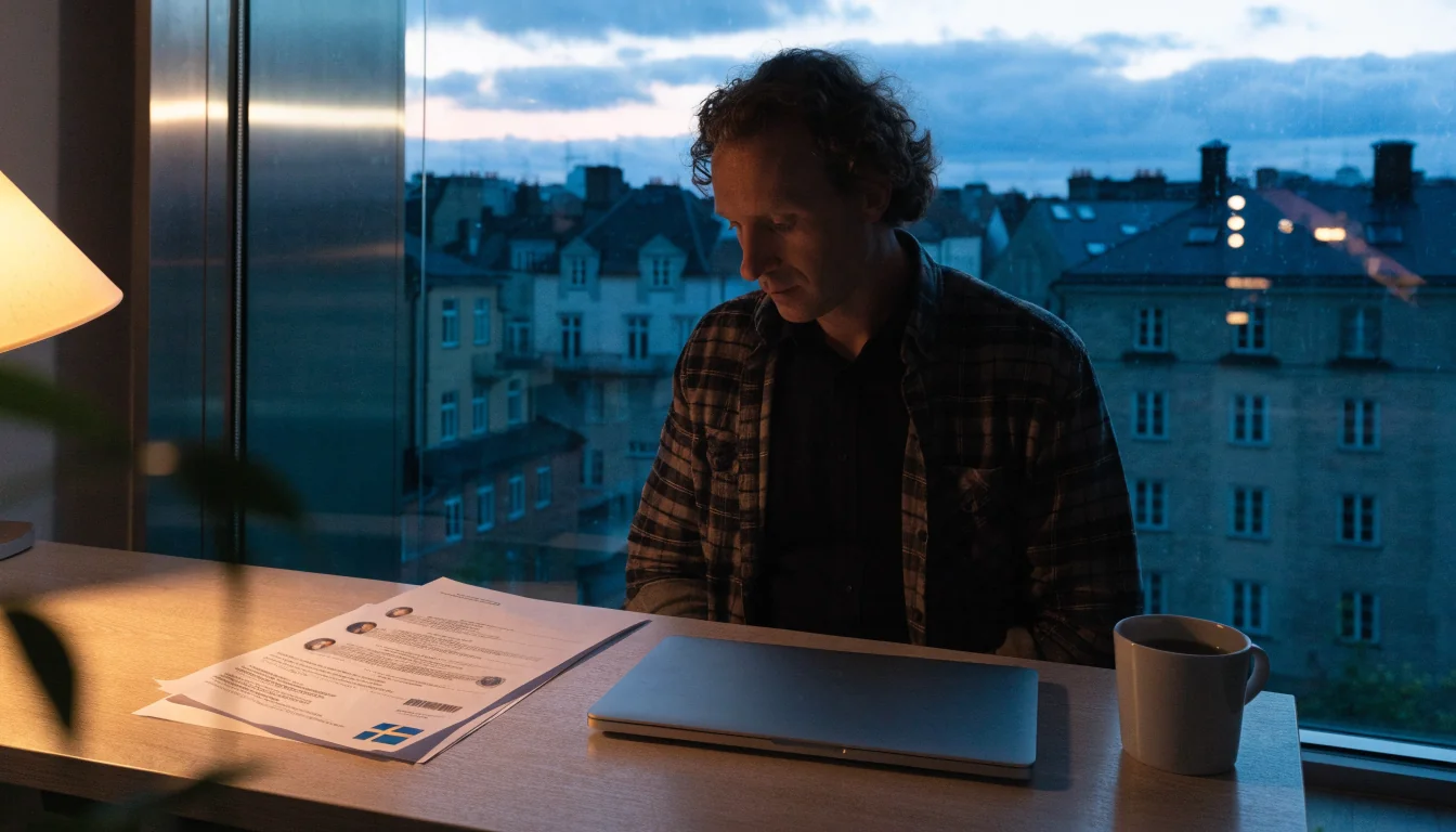 Svensk man vid skrivbord med stängd laptop och licensdokument, Stockholm-vy i bakgrunden