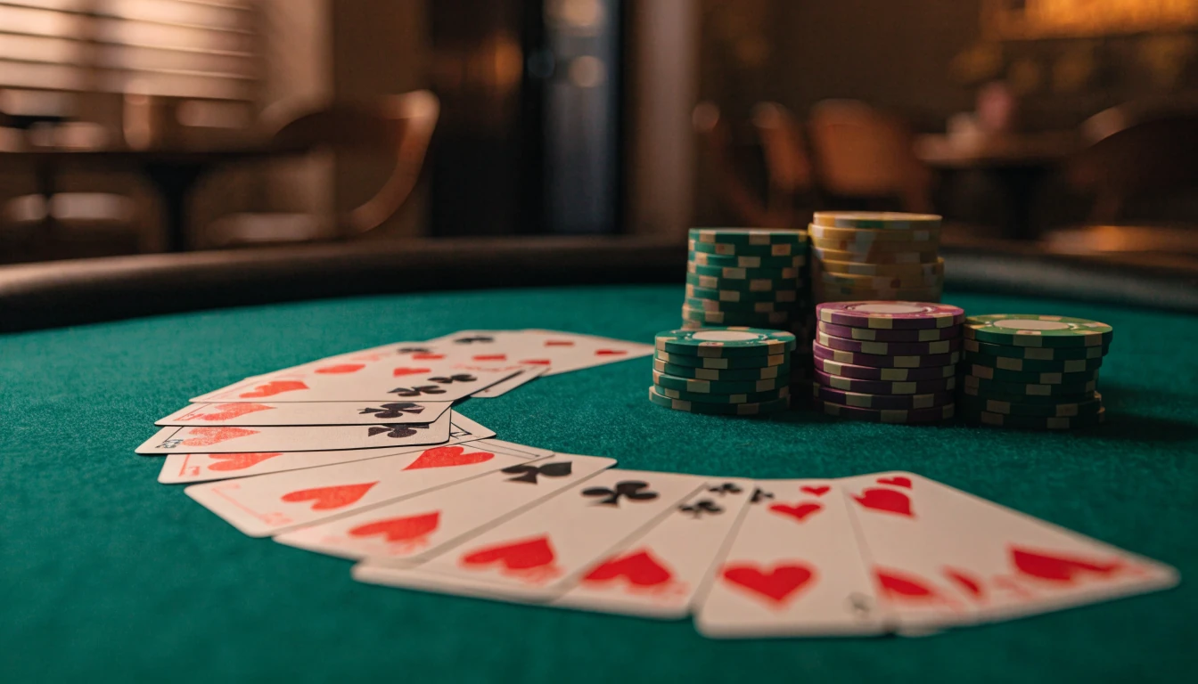 Elegant casinobord med spelkort och marker på grön filt