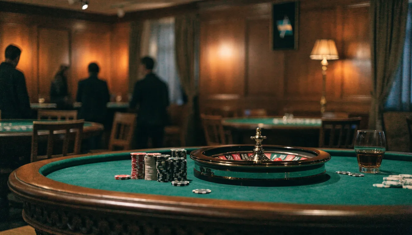 Elegant svensk casinomiljö med roulettebord och marker i varm belysning