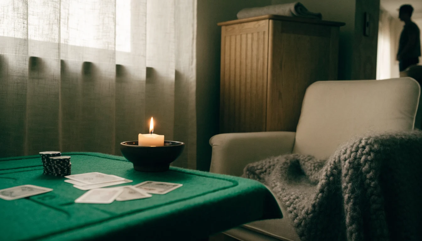 Blackjack-bord med kort och casinokakor i ett ljust skandinaviskt rum