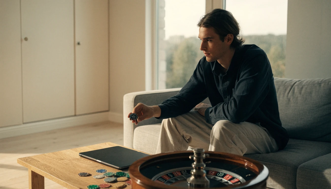 Svensk man i minimalistiskt vardagsrum med roulettehjul och casinomarker