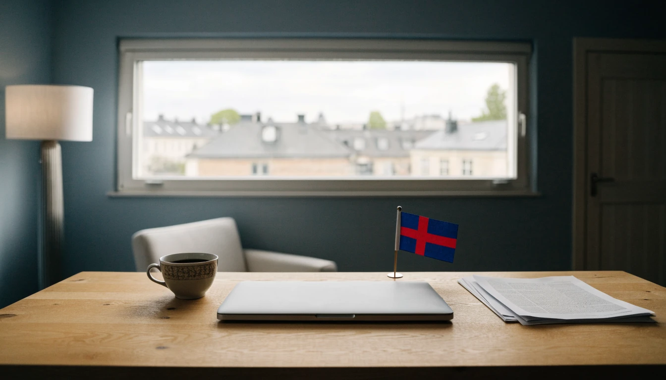 Modernt skandinaviskt skrivbord med laptop och svensk kontext