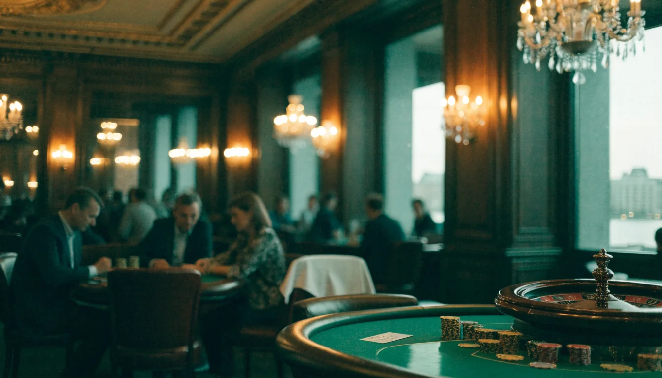 Elegant svensk casinolounge med roulettebord och stämning