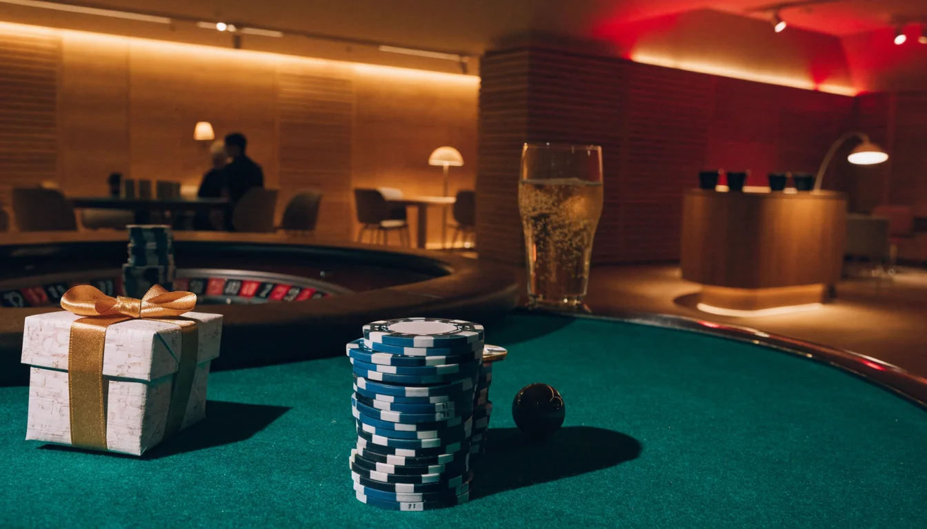 Elegant svenskt casinointeriär med marker, roulette och en gåvaskål som symboliserar kampanjbonus
