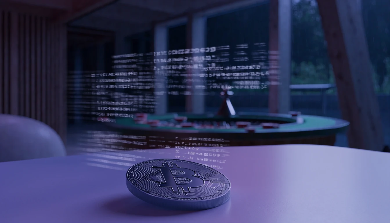 Illustration av kryptovaluta och roulette i modern svensk miljö