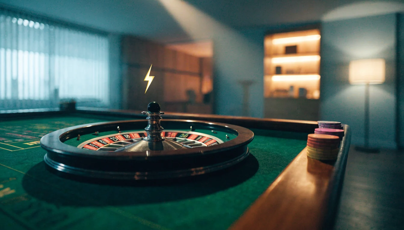 Elegant roulettehjul på casinobord med blixtsymbol och minimalistisk skandinavisk inredning