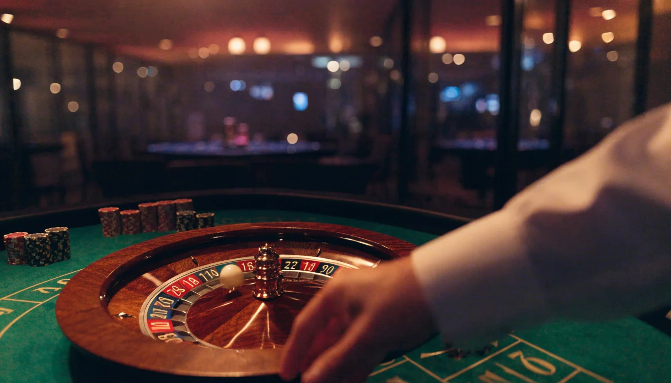 Elegant live roulette-bord med snurrande hjul och casinomarker i varm casinobelysning