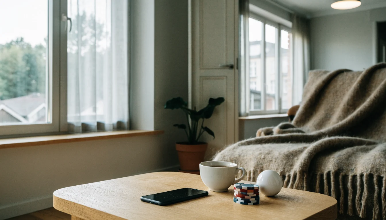 Modern svensk lägenhet med telefon, casinotillbehör och kaffe på soffbordet