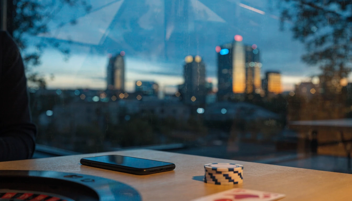 Modern svensk stadsbild vid skymning med smartphone och casinotillbehör på bordet