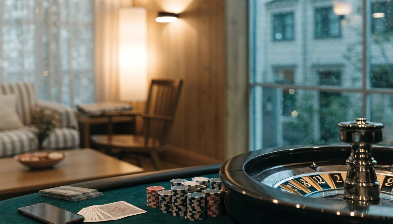 Stilren svensk casinomiljö med roulette, marker och en avstängd mobiltelefon