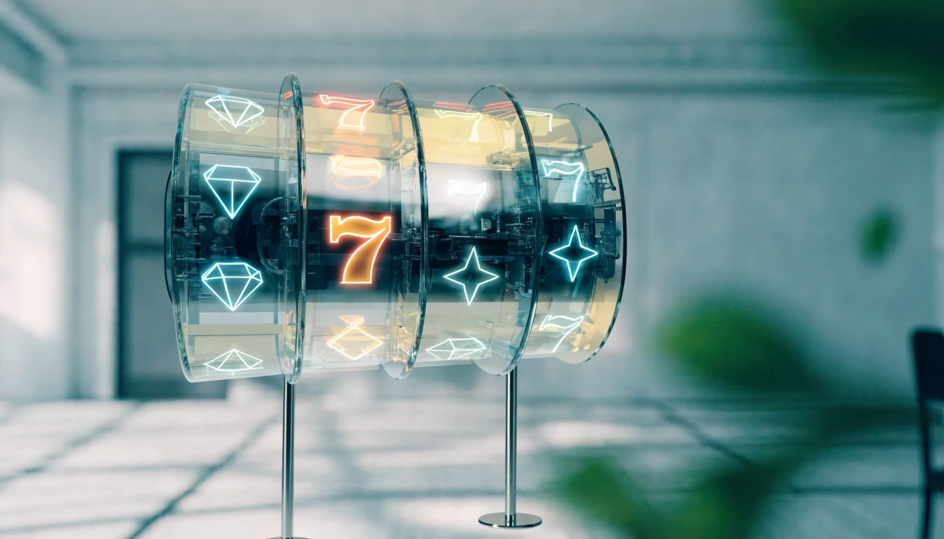 Transparent spelautomat med tre hjul och glänsande symboler i nordisk stil