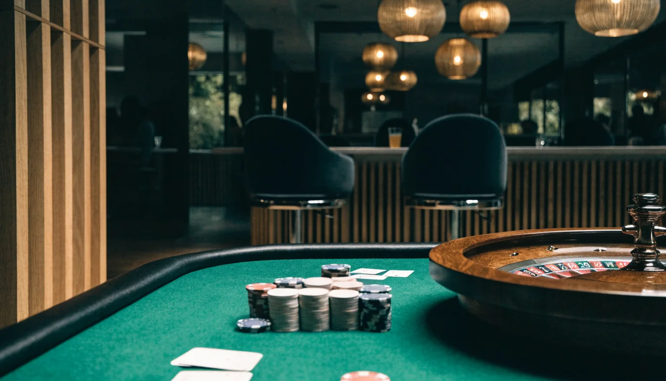Elegant casinogolv med spelbord, marker och roulette i varm belysning