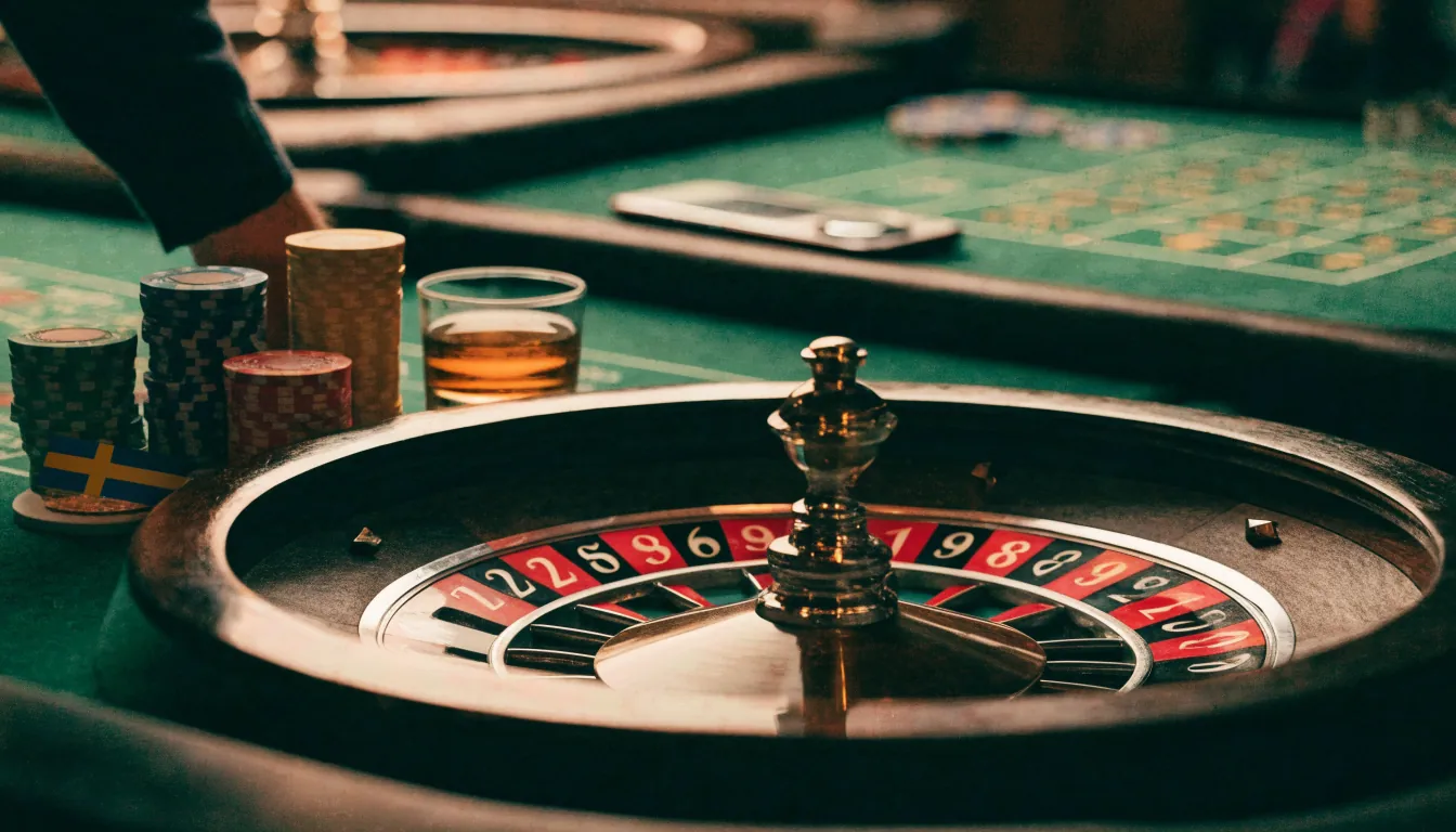 Roulettehjul med marker på ett casinobord i Sverige