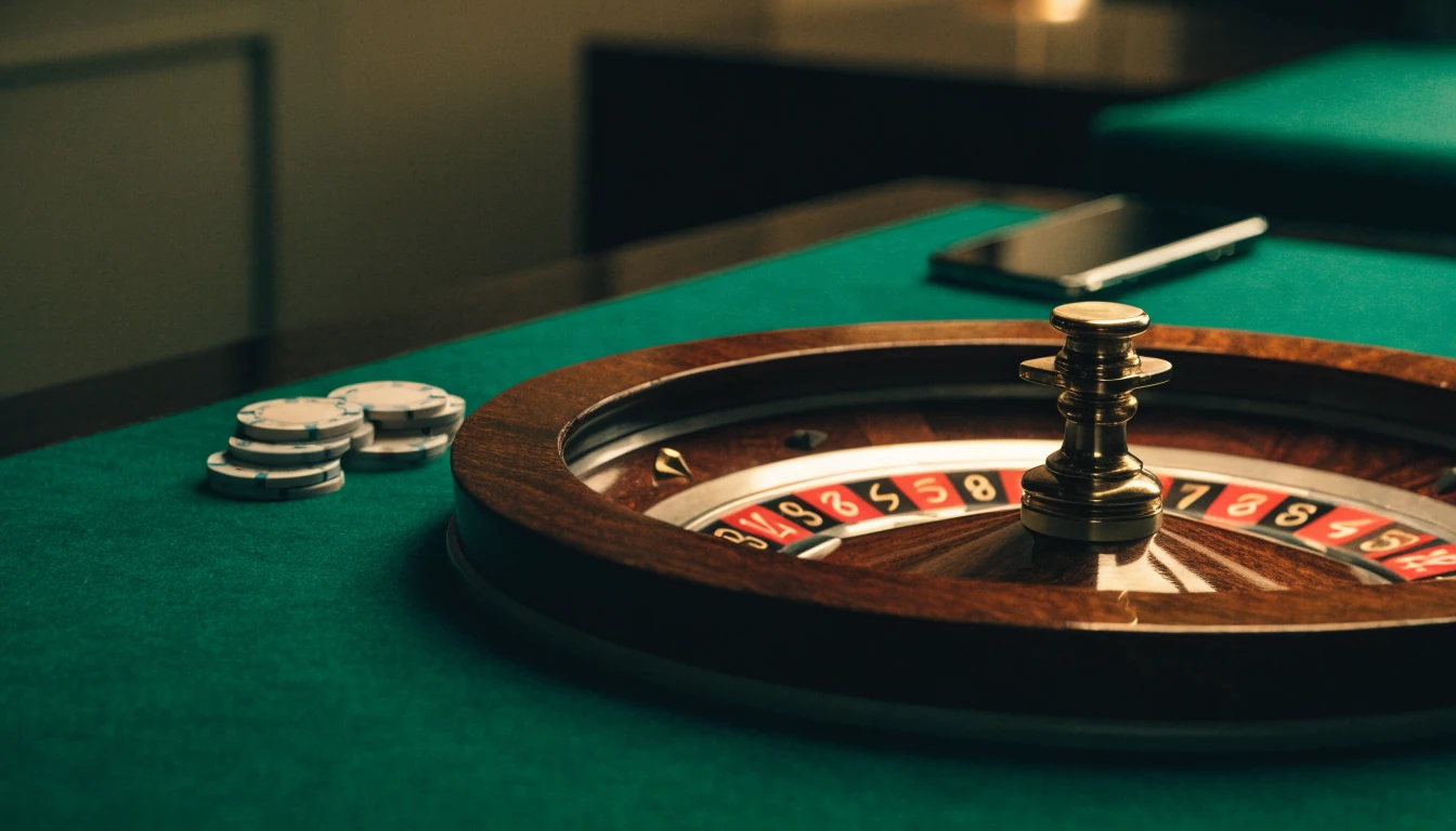 Roulettehjul och casinochips på ett grönt bord i närbild