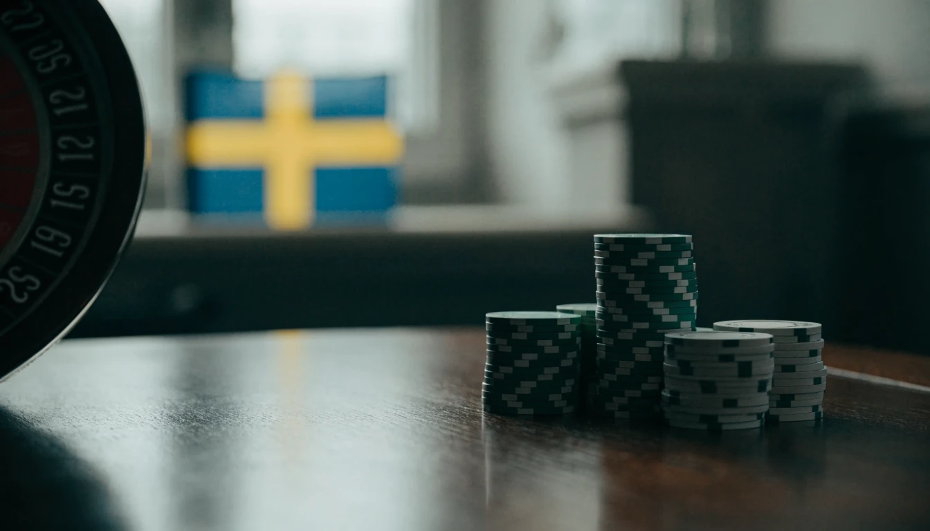 Casinochips och roulettehjul på ett bord med svensk flagga