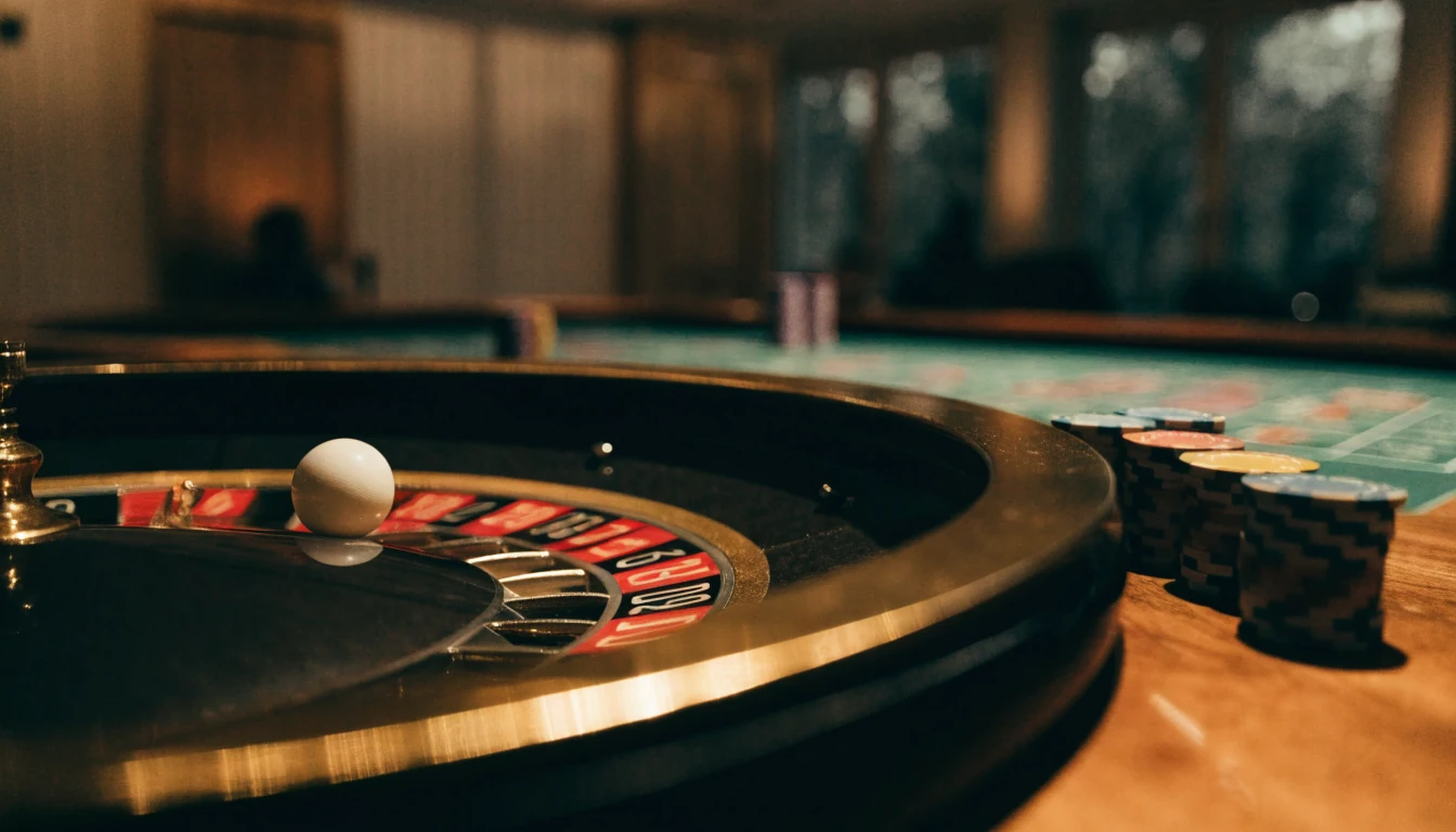 Närbild av ett roulettehjul med casinofärgade marker på ett grönt bord