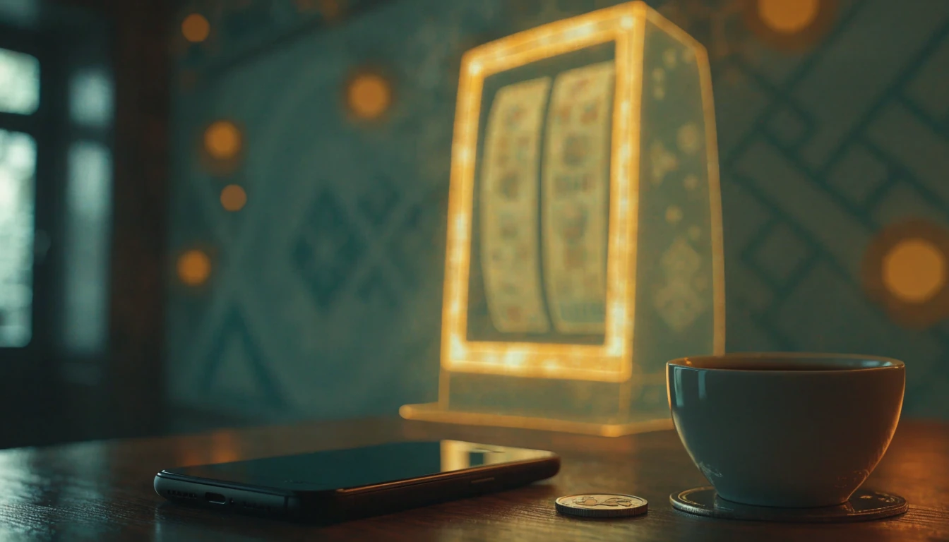 Stiliserad spelautomat med svensk krona och smartphone