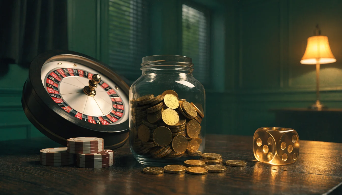 Mysigt svenskt rum med roulette, marker och ett krus med guldmynt