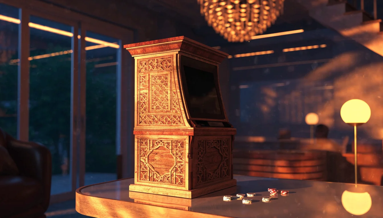 Stiliserad fysisk spelautomat i modern nordisk loungemiljö med varma färger