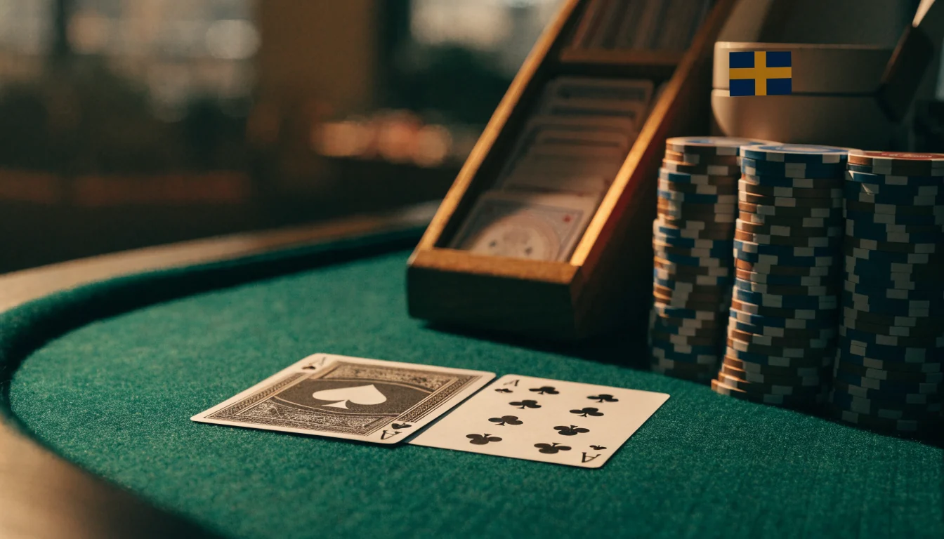 Blackjack-hand med ess och sjua på grönt filtbord