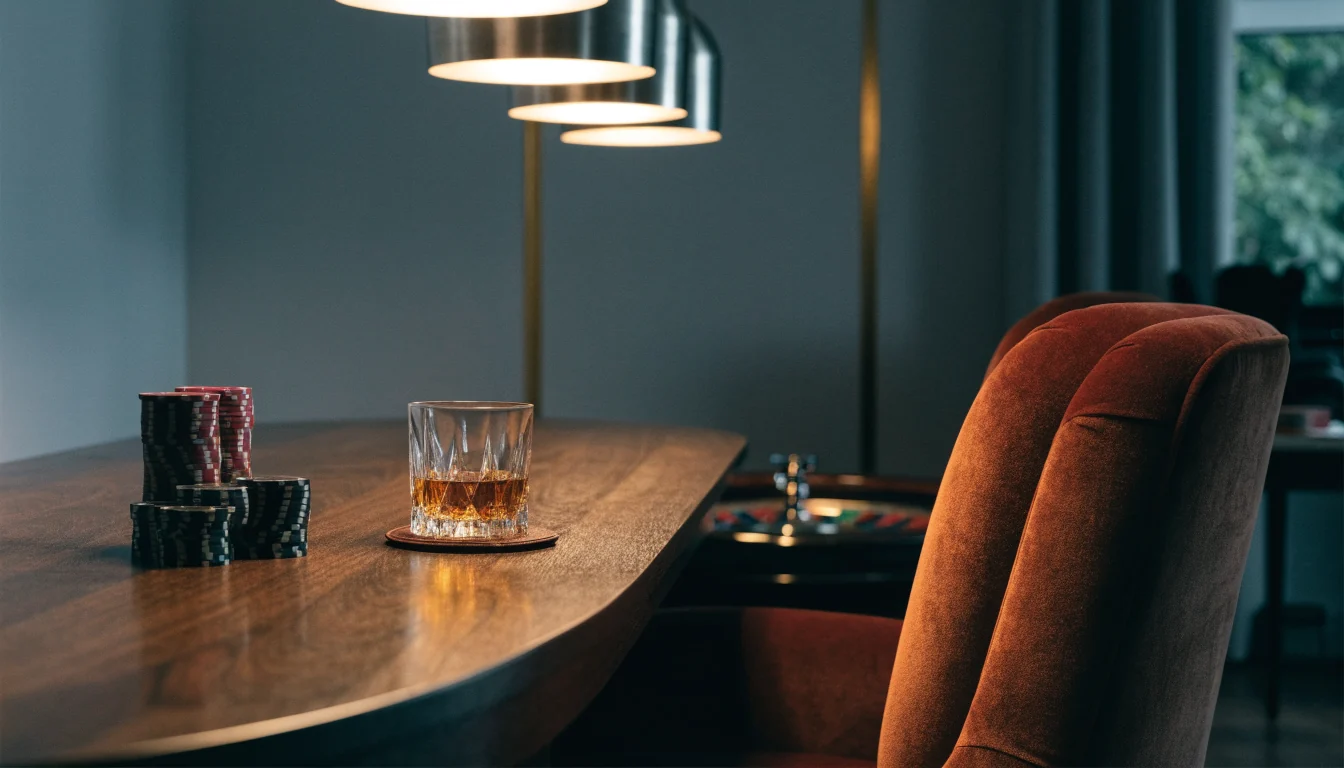 Elegant skandinavisk spellounge med roulettehjul och casinomarker i lyxbelysning