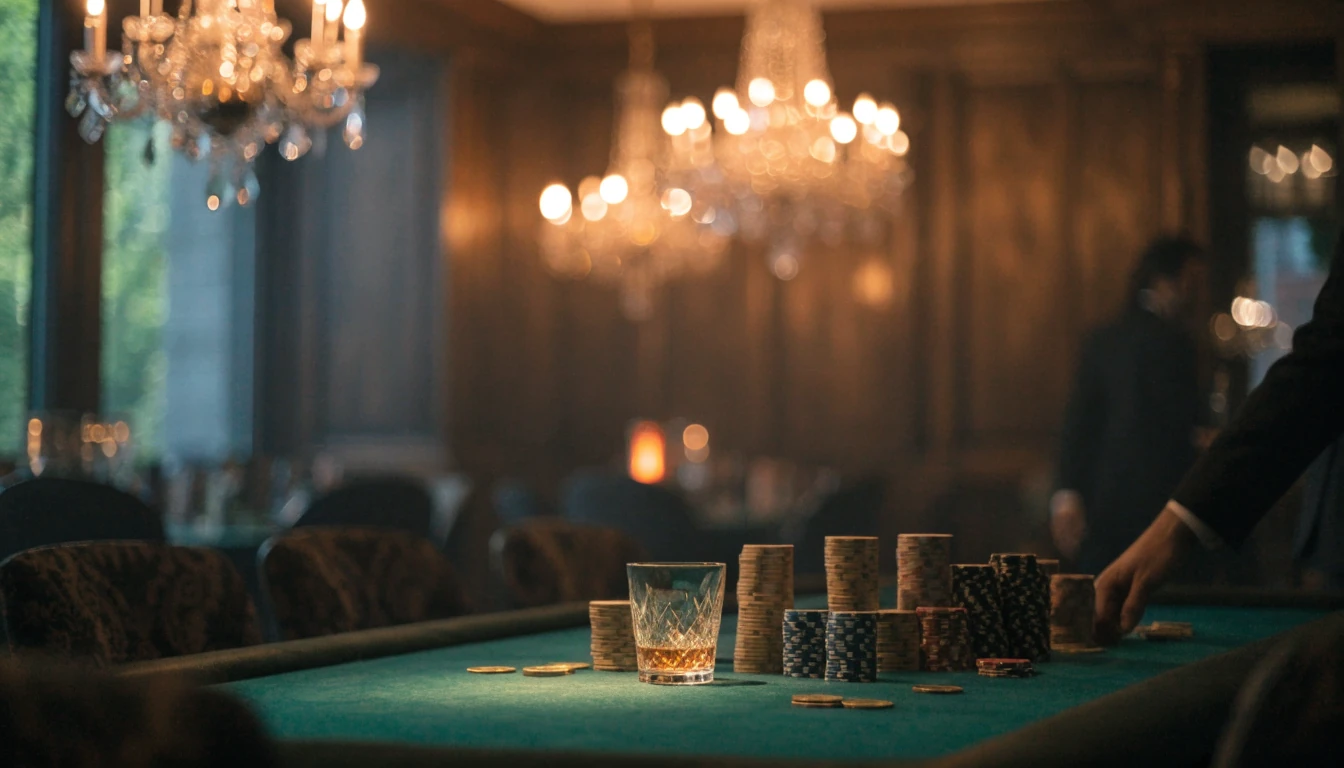 Exklusivt casinobord i lyxig svensk VIP-miljö med marker och whiskeyglas